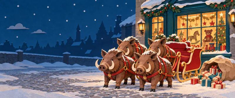 Four tusked paper boars in pairs stand before an empty red sleigh and spilled presents, with a glowing toy shop on a snowy night street.
