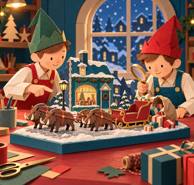 Two paper elves inspect a miniature toy shop, four tusked boars and an empty red sleigh beside a sack of presents on snowy cobbles.