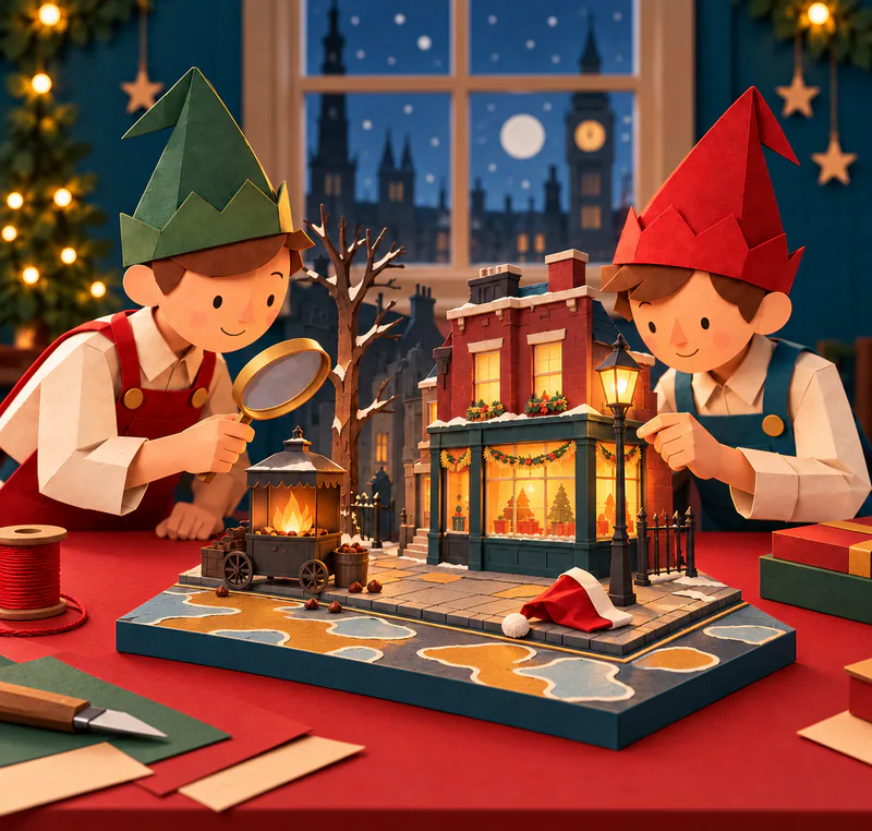 Two paper elves inspect a miniature shop corner with a glowing chestnut cart and red hat by the kerb. Amber and blue paper puddles cover the front of the model base.