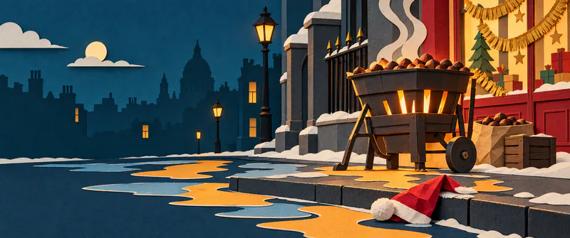 A glowing paper chestnut brazier stands outside a shop window hung with gold garlands. A red hat lies in the gutter beside layered amber and blue puddles.