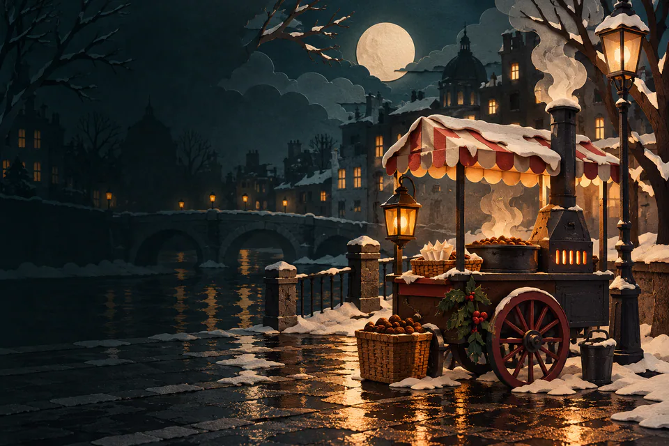 A paper chestnut cart glows beside a dark riverside, with curling steam, baskets of chestnuts and amber light reflected on wet paving.