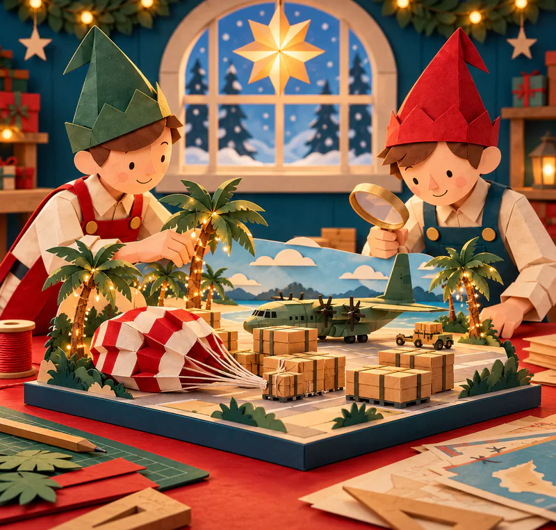 Two paper elves inspect a tropical airfield miniature with a cargo plane, stacked boxes and a red and white parachute. Fairy lights circle the palm trees.