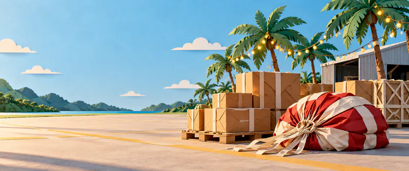 Strapped cardboard parcels and a red and white folded parachute rest on a sunny airfield apron. Palm trees with fairy lights stand beside a hangar.