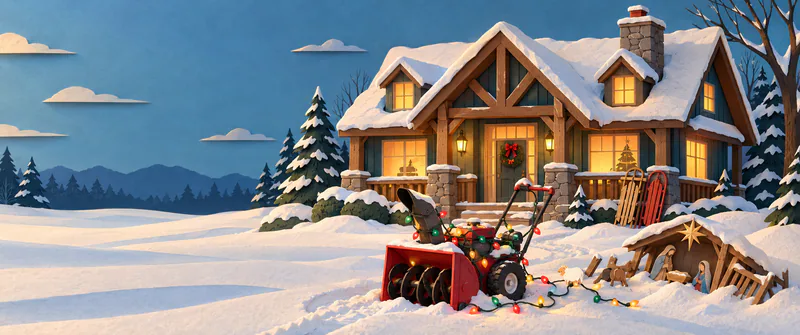 A warmly lit paper cabin stands above a snowy drive with a light-tangled snow blower, porch sledges and a half-buried manger display, with open snow to the left.