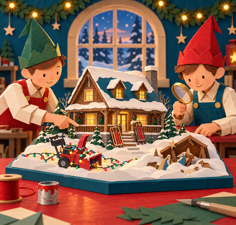 Paper elves examine a snowed-in cabin miniature with porch sledges, a red snow blower wrapped in lights and a manger display partly buried in snow.