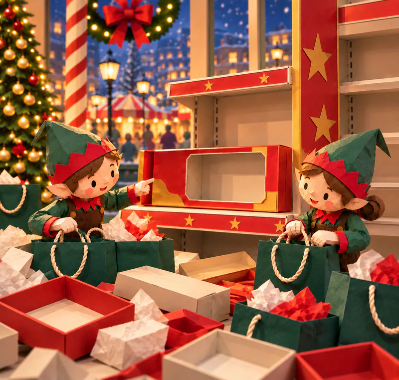 Two paper elves organise green shopping bags beside an empty red-and-gold carton, with bare star-trimmed shelves and discarded boxes around them.