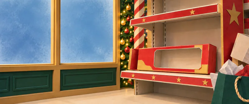 An empty red-and-gold toy carton sits on bare star-trimmed shelves beside a green shopping bag, with a frosted blue shop window on the left.