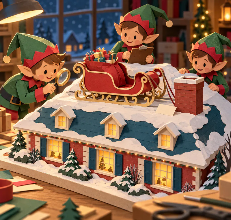 Three paper elves inspect a miniature snowy house roof with a red sleigh, gift sack, brick chimney and blank cream card on a warm workshop bench.