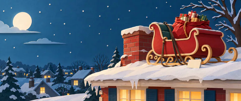 An empty red paper sleigh with gold runners and a sack of presents rests beside a snowy rooftop chimney, with loose reins and a blank cream card.