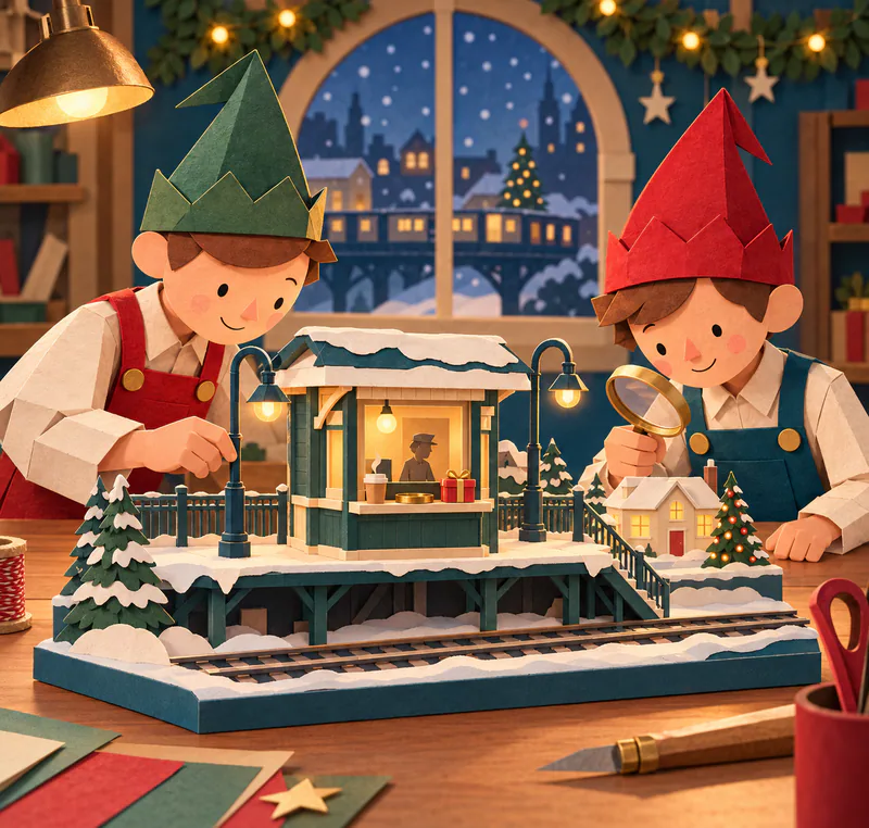 Two paper elves inspect a snowy model station with a glowing ticket booth, coffee, a red present and a small house beside a decorated tree.