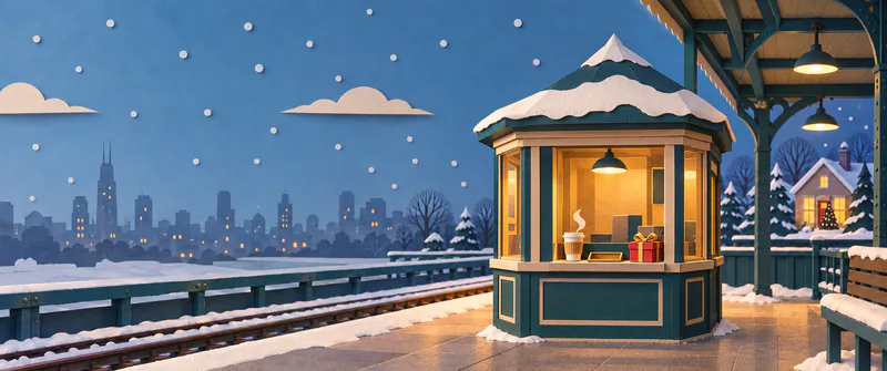 A warm paper ticket booth with coffee and a red present stands on a snowy elevated platform beneath a blue dusk sky, with a lit house beyond.