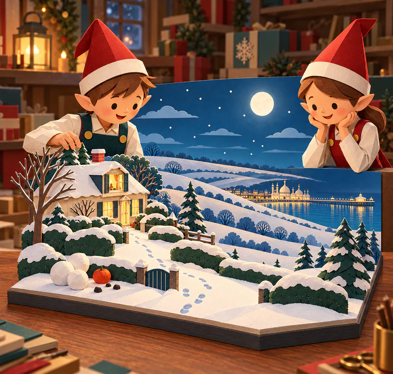 Two paper elves study a snowy garden model with a warm cottage and footprints. Layered moonlit hills lead to distant domes and an illuminated seaside pier.