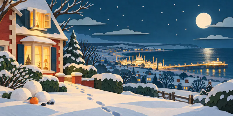 A warm paper cottage overlooks snowy gardens and a moonlit coast, with footprints, three loose snowballs and an illuminated domed pavilion and pier.