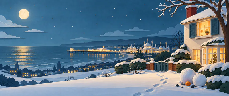A moonlit paper coast with a glowing pier and domed pavilion beyond a snowy garden. Footprints pass loose snowballs beside a warmly lit house.