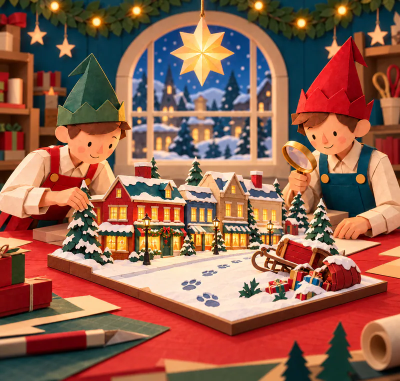 Two paper elves inspect a snowy high-street model, where paw prints lead past glowing shops to a tipped sleigh and spilled gifts.