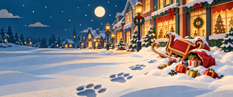 Deep paw prints cross a snowy paper high street towards a tipped red sleigh and a sack spilling wrapped presents beneath warm shop windows.