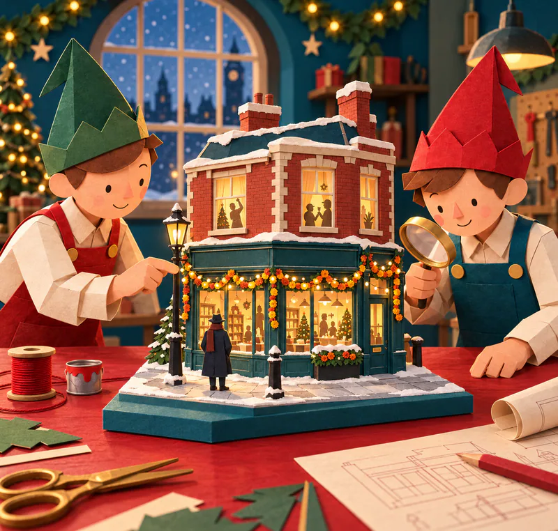 Two paper elves inspect a snowy corner-shop model hung with marigold garlands, with a lone dark-coated figure outside and glowing party silhouettes above.