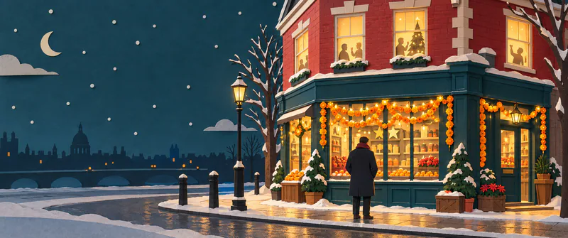 A figure in a dark overcoat stands outside a glowing corner shop decorated with marigold garlands, with party silhouettes in the windows above and a snowy skyline beyond.