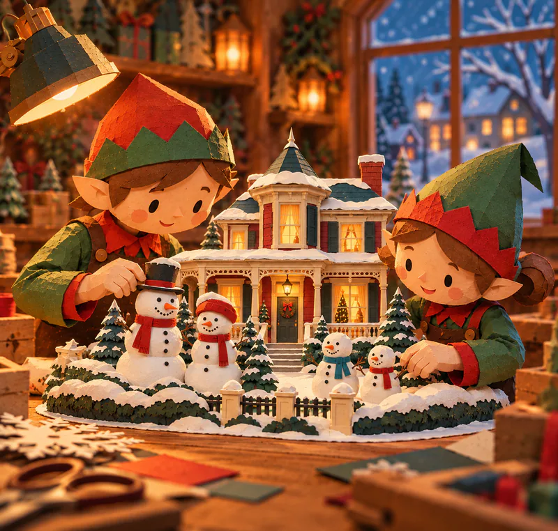 Two paper elves arrange four snow figures around a miniature Victorian veranda, with warm lamps lighting the house model and craft materials on the workbench.
