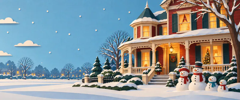 A glowing Victorian veranda and four snow figures stand to the right of an open snowy garden beneath a blue paper sky, with distant houses along the horizon.