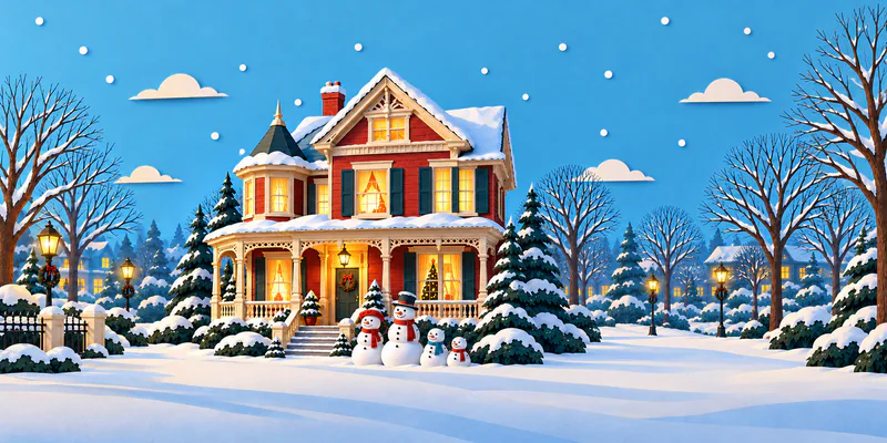 A burgundy Victorian house glows behind four snow figures, with a cream veranda, snow-covered trees and lamps lining the surrounding winter garden.
