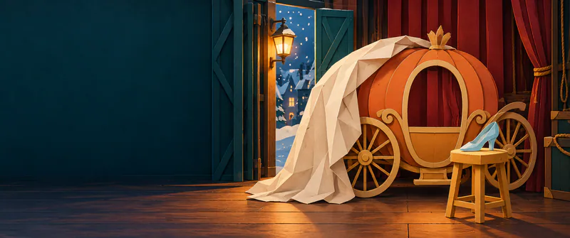 An orange paper pumpkin coach sits partly beneath an ivory cover beside a blue slipper on a stool. Red curtains and a snowy, lamp-lit doorway contrast with the quiet teal wall.