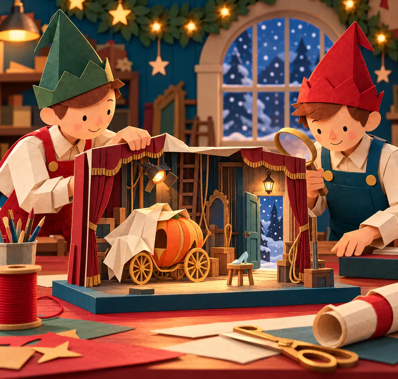 Two paper elves inspect a miniature theatre with red curtains, a partly covered pumpkin coach and a pale blue slipper on a stool. An open teal door reveals falling snow.