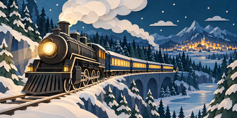 A black paper steam train curves across a snowy viaduct beneath layered white steam, with a pine-filled valley and glowing town in the distance.