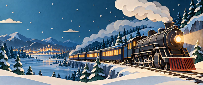 A black paper steam train curves through a snowy pine forest towards a glowing distant town, with amber carriage windows and layered white steam.
