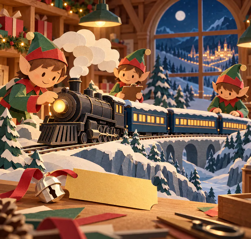 Three paper elves inspect a miniature steam train in a warm workshop, with a silver bell, red ribbon and blank golden ticket on the bench.