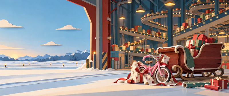 A partly wrapped pink bicycle waits beside a wooden sleigh in a paper hangar filled with winding gift conveyors, opening onto pale snowy dawn.