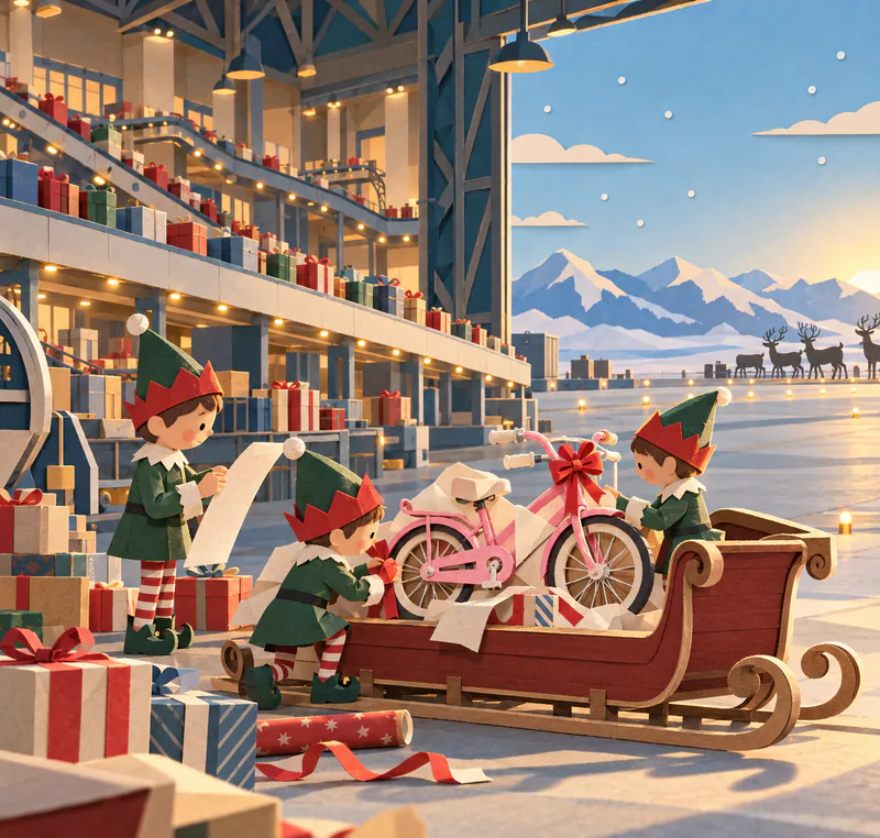 Three paper elves check a pink bicycle resting in a wooden sleigh, surrounded by parcels and gift conveyors, with reindeer outside the snowy hangar.
