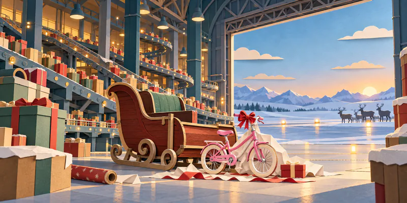 A wooden paper sleigh and pink bicycle wait amid wrapping in a tall gift hangar, with glowing conveyors and reindeer on a snowy dawn runway.