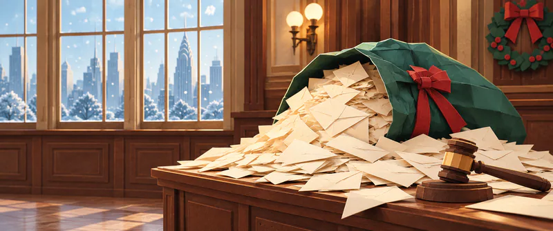 Winter city light enters tall courtroom windows beside a walnut desk buried in ivory letters from a green sack, with a gavel resting in front.