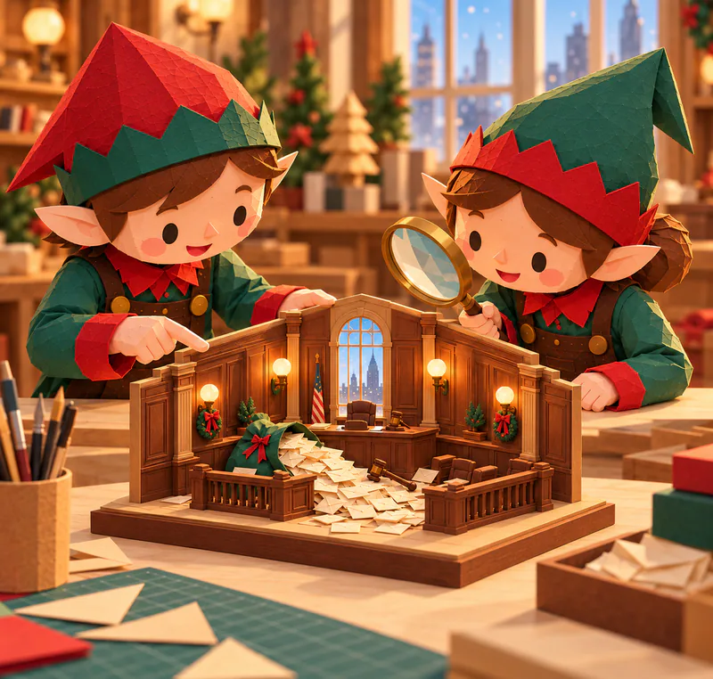 Two paper elves examine a miniature courtroom filled with ivory letters, one pointing towards the model while the other holds a magnifying glass.