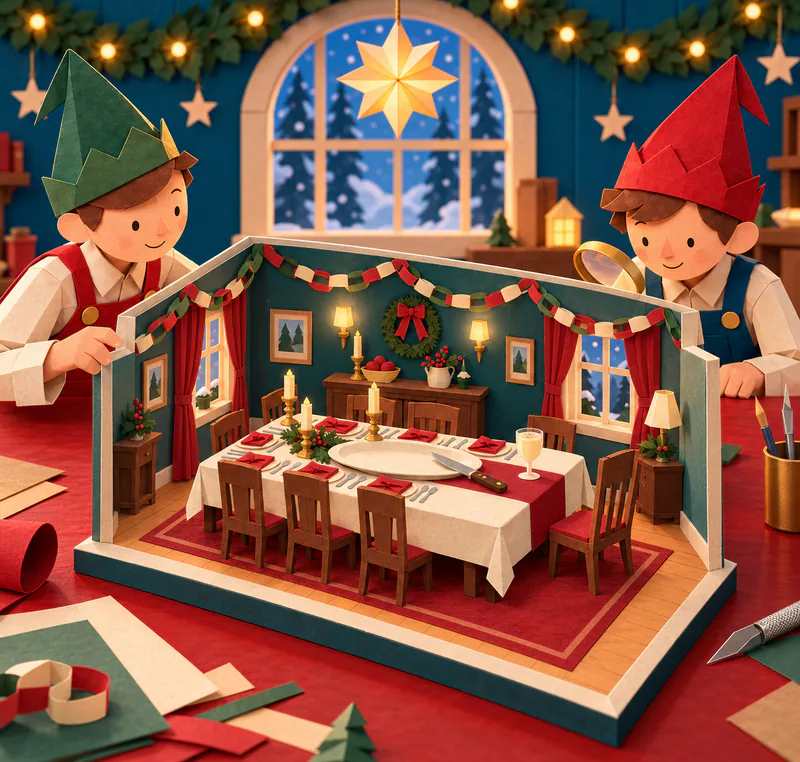 Two paper elves inspect a miniature Christmas dining room with empty chairs, an empty serving platter, a carving knife and one glass of eggnog beneath paper chains.