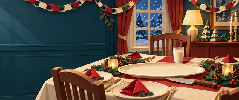 An empty paper serving platter and carving knife sit on a Christmas table, with red napkins, a glass of eggnog at an empty chair and paper chains overhead.