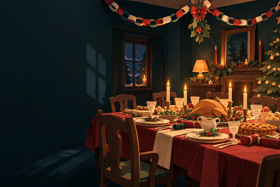 An empty paper Christmas dinner table is laid with roast turkey, candles and crackers beneath coloured paper chains in a shadowy room.
