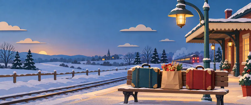 Two paper suitcases and a bag of presents sit on a lamp-lit snowy platform bench, with a departing train and open winter countryside beyond.