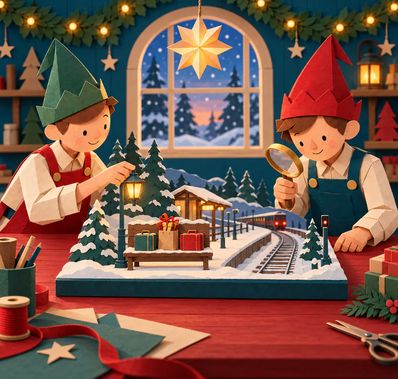 Two paper elves inspect a miniature snowy station with two suitcases and a gift bag on a bench beside a lamp and curving railway tracks.