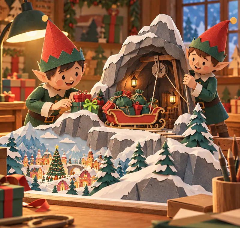 Two paper elves inspect a snowy mountain model on a workbench. A pulley hangs above a red sleigh filled with green sacks and gifts, while a miniature illuminated village sits below.