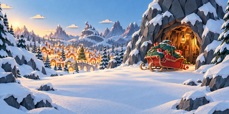 A gift-laden red sleigh rests at a warm mountain cave above a brightly lit village. Snowy pines and layered paper peaks frame a broad empty snowfield in the foreground.