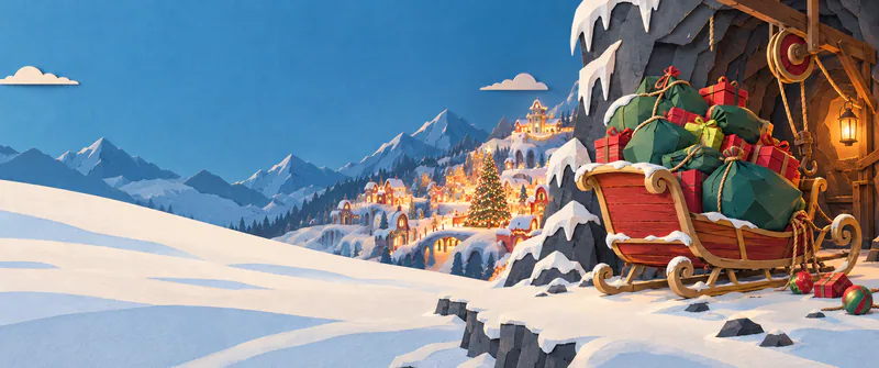 An empty wooden sleigh piled with green sacks and red presents stands beneath a pulley at a snowy mountain cave. A glowing village and Christmas tree sit below, beside a quiet snowy slope.