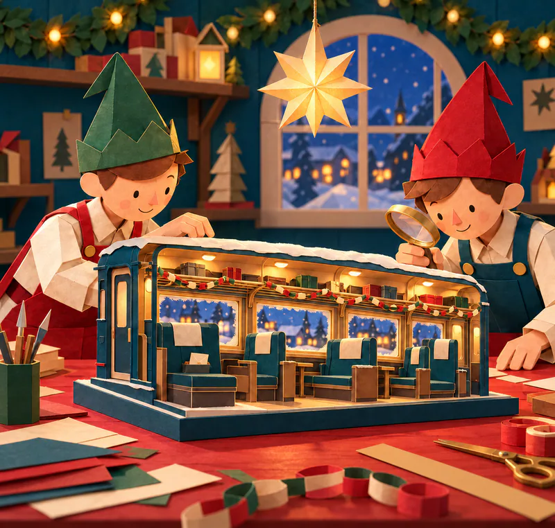 Two paper elves inspect a cutaway train model with teal seats, warm lights and festive chains on a red workbench scattered with paper and scissors.