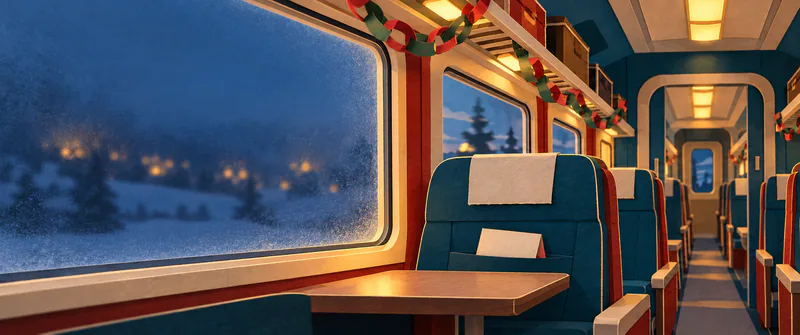 An empty paper train carriage glows under warm lights, with festive paper chains, a blank card in a seat pocket and blurred town lights beyond a frosted window.