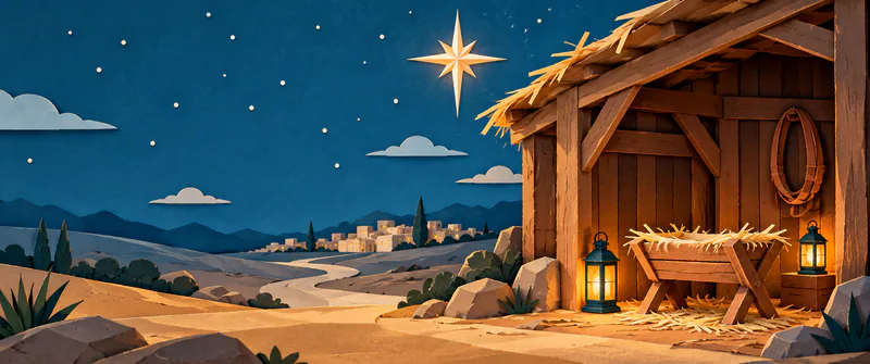 A bright star hangs above an open stable with an empty manger, two teal lanterns and a wall-hung harness. A dusty road winds through blue hills towards a village.