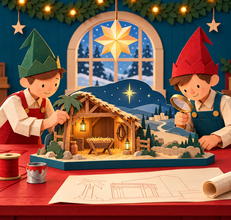 Two paper elves inspect a miniature lantern-lit stable and winding hillside road on a red workbench, with a starry backdrop and a large hanging paper star.