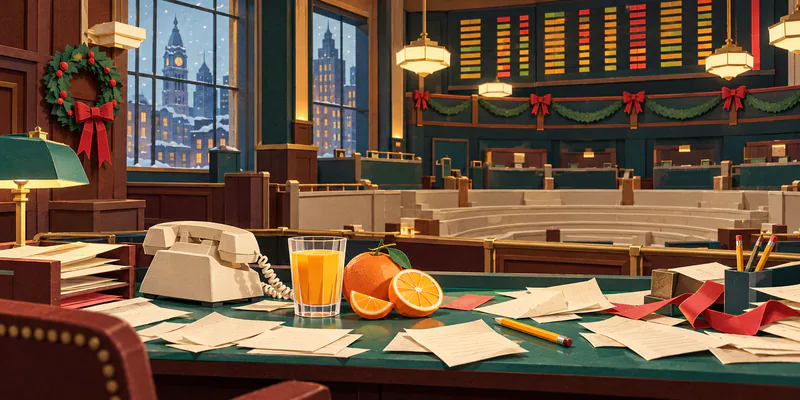 Orange juice, oranges and a cream telephone sit on a paper-strewn green desk before an empty trading pit, snowy city windows and festive garlands.