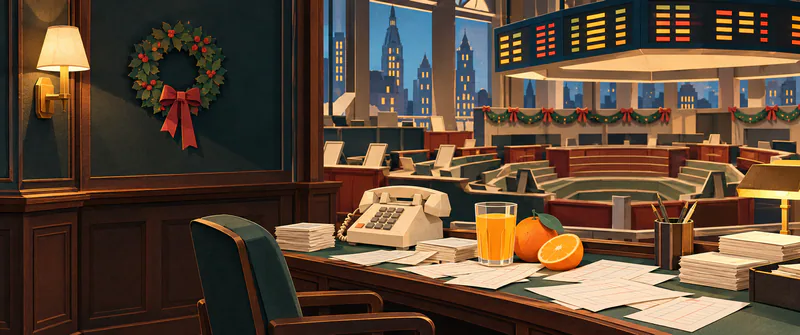 A paper trading desk holds orange juice, oranges, a cream telephone and scattered blank slips beside an empty trading pit, with a wreath on the dark wall.