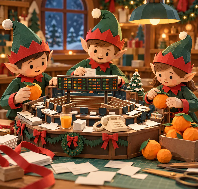 Three paper elves arrange oranges around a miniature trading pit with a cream telephone, orange juice and coloured board lights on a festive workbench.